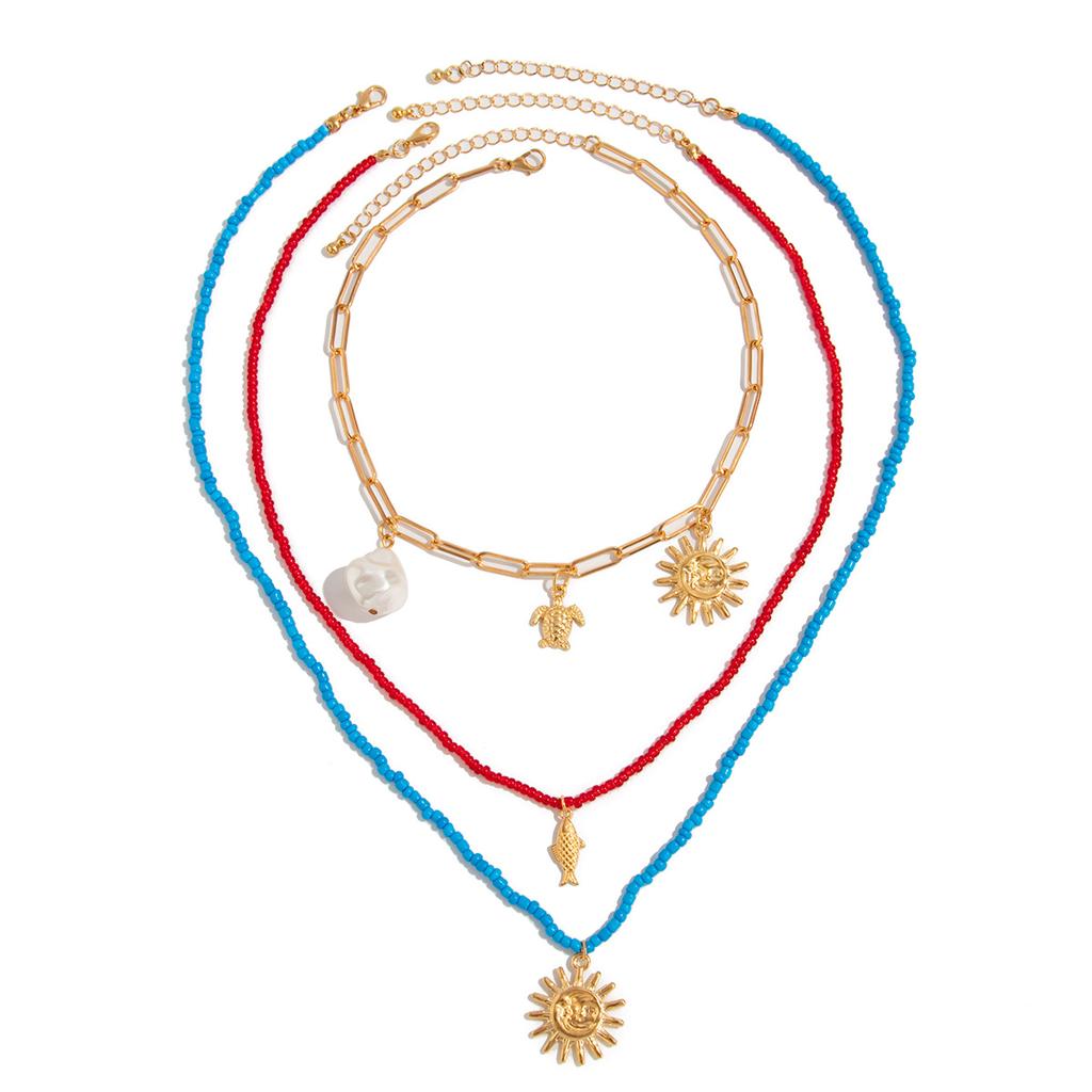 Holiday Style Starfish Fish Tail Scallop Shell Small Flower Necklace, Colored Rice Beads Imitation Pearl Collarbone Chain