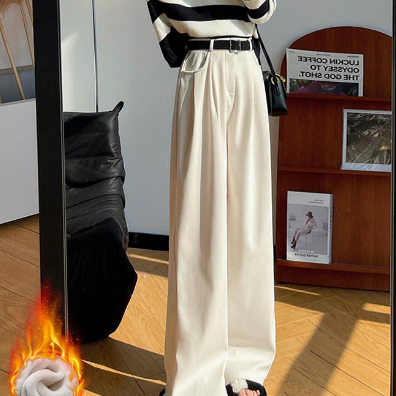 White Pants for Women In Autumn and Winter New Knitted Slim Drapery Plus Velvet Wide-leg Pants Casual Straight Corduroy Suit Pants
