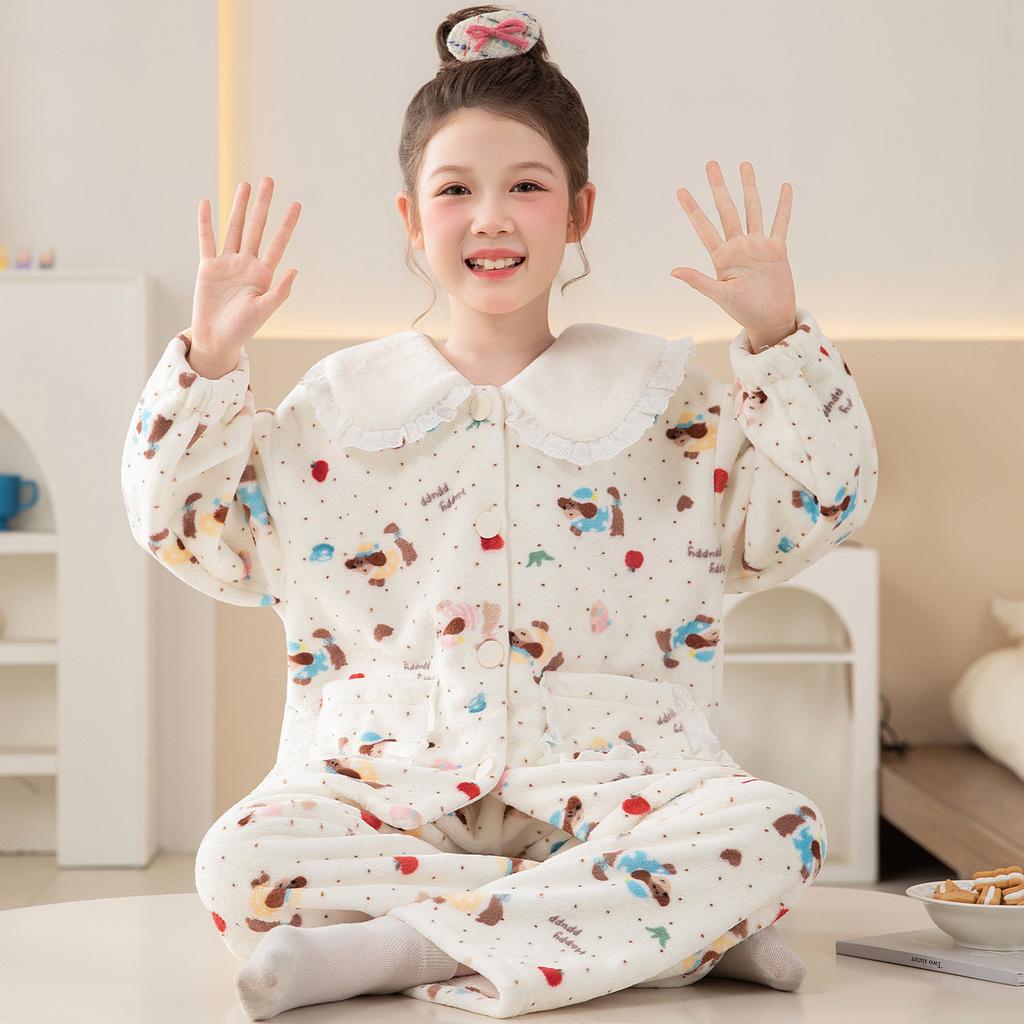 Kids Flannel Pajamas Set Boys Girls Warm Long Sleeve Top And Pants Sleepwear Winter Home Nightwear