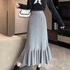 Women Knitting Skirt High-Waisted Solid Color Pleated Skirt Ruffle Stitching Hem Hip Wrapped Skirt