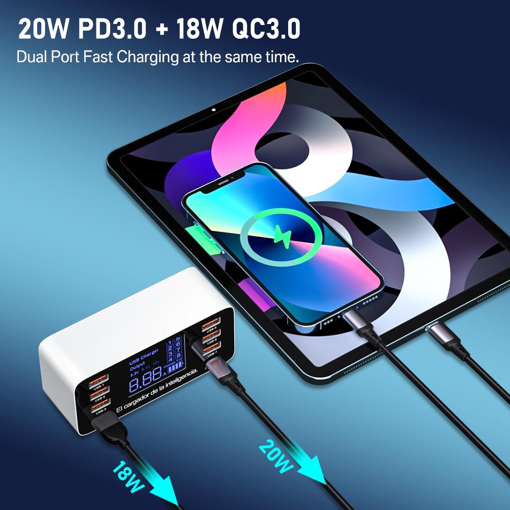 8 портов быстрой зарядки USB зарядное устройство QC3.0 быстрая зарядка тип C интеллектуальная зарядная станция ЖК-цифровой дисплей USB мультипорт для телефона