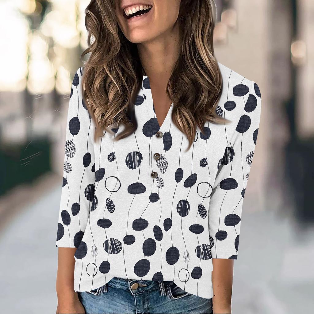 Women's Fashion Casual Loose 3/4 Sleeve Printed Round Neck Top
