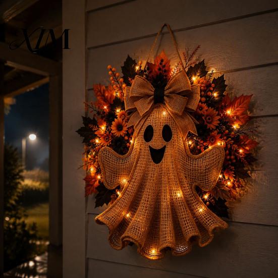 Autumn Thanksgiving Gift Ideas Rustic Halloween Ghost Wreath for Front Door, Farmhouse Burlap Hanging Artificial Maple Leaves Daisy Berry with Leaves,