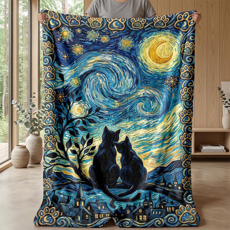 Starry Night Cat Theme blanket Lightweight Warm Flannel Blanket Decorative Throw Blanket for Home Decoration