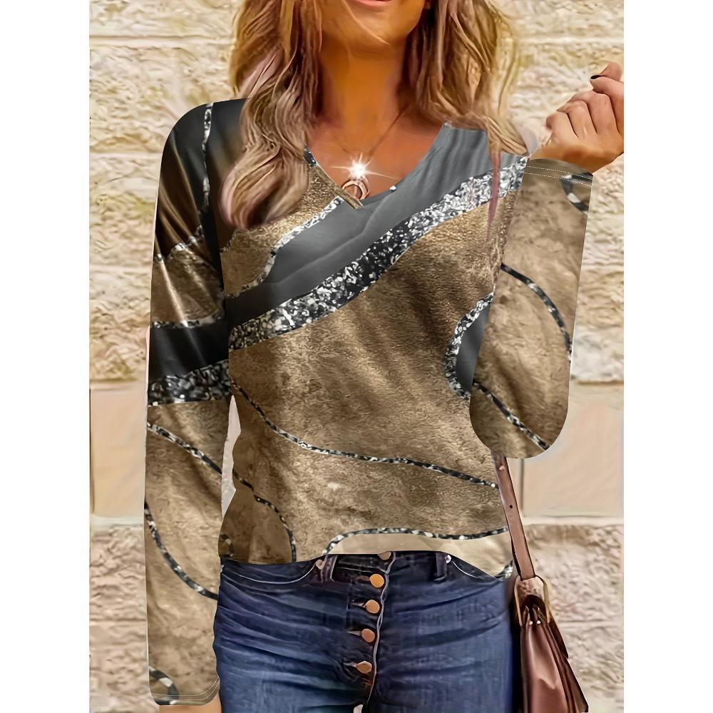 Plus Size Ladies Fashion Elegant Long Sleeve Printed Autumn and Winter Style V-neck Abstract T-shirt