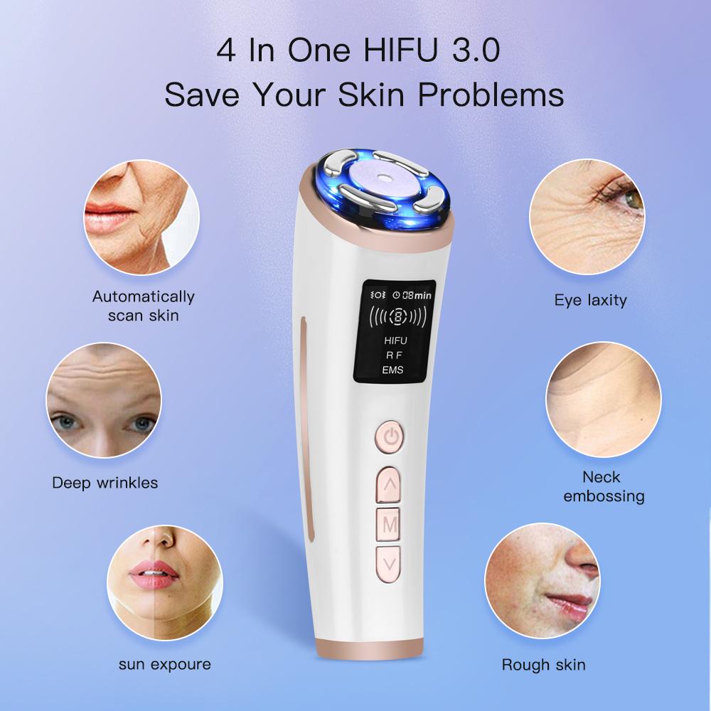 4-In-1 Face Massager Facial Lifting Device HiFu Ultrasound RF EMS Vibration Facial Beauty Device Face Neck Lifting Tightening Anti Wrinkle Skin Care
