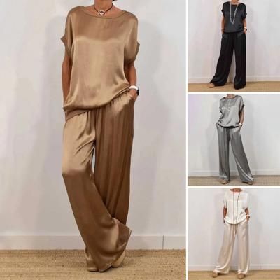 Женский комплект из двух предметов из атласного шелка, повседневный топ с круглым вырезом и короткими рукавами, широкие брюки, свободный наряд для дома на весну и лето