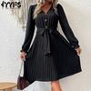 Women's Fashion Summer Spring Solid Color Print Long Sleeve V-Neck Casual Dresses