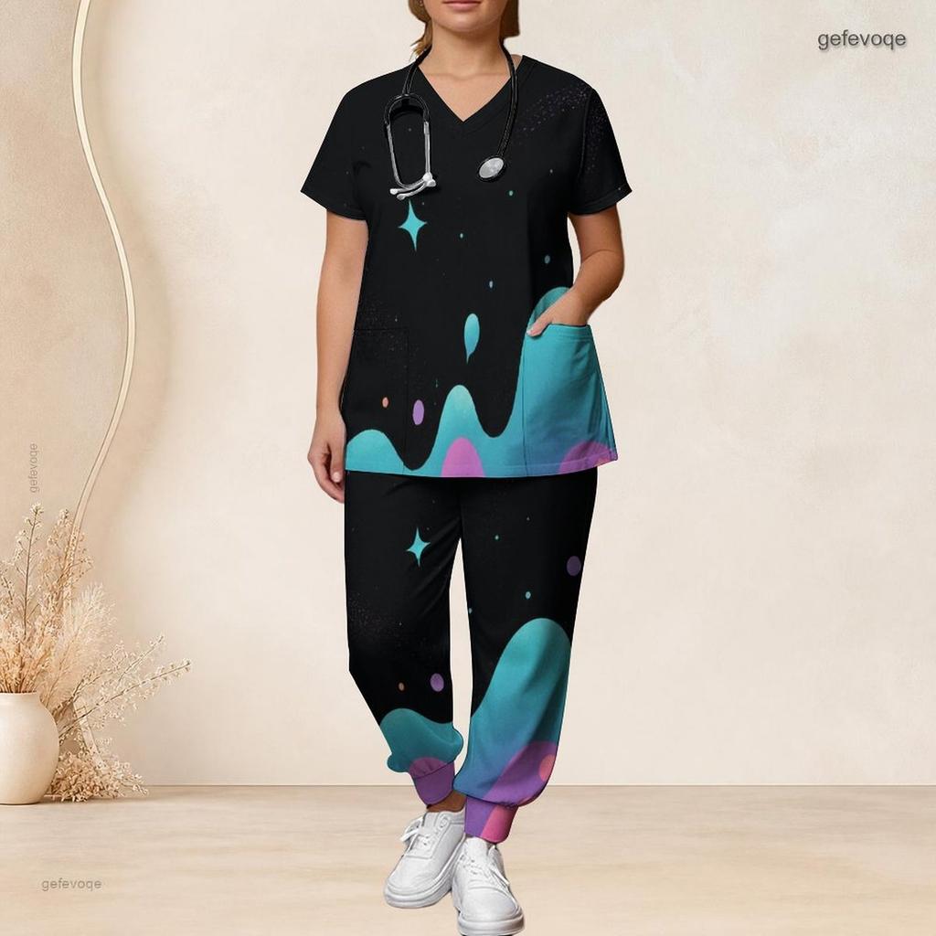 Women Plus Size Colorful Abstract Wave Star Print Scrub Set Short Sleeve V Neck Top And Wide Long Pants Medical Suit