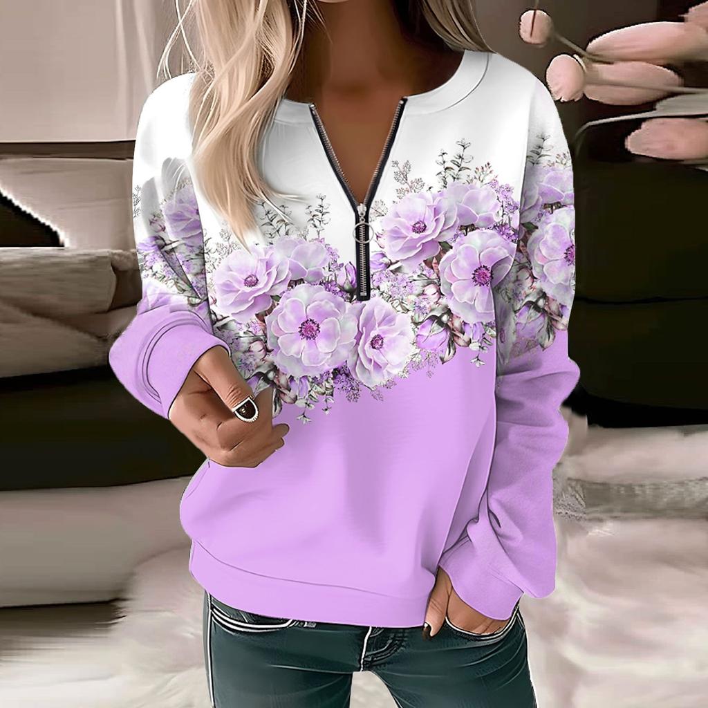 Women Sweatshirt Pullover Basic Quarter Zipper Long Sleeve Print Flowers Hoodie Casual Top