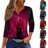 3/4 Length Sleeve Womens Tops Floral Halloween Print Vintage Fashion Casual Loose With V Neck Plus Size Shirts