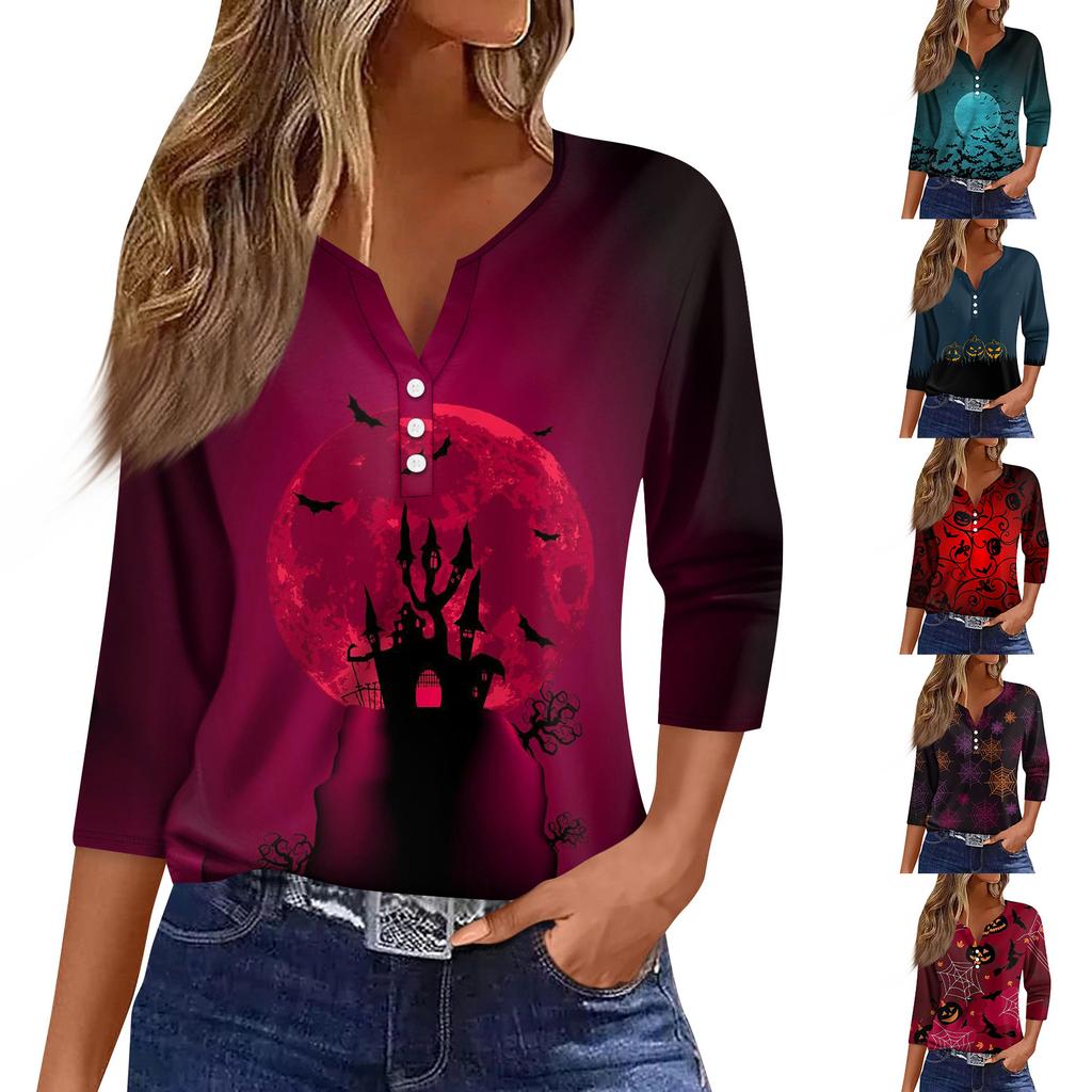 3/4 Length Sleeve Womens Tops Floral Halloween Print Vintage Fashion Casual Loose With V Neck Plus Size Shirts