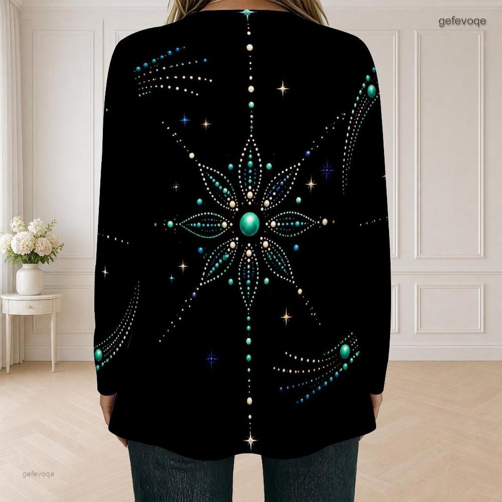 Women Plus Size Square Neck Long Sleeve Black Printed Button Detail Faux Two Piece T Shirt