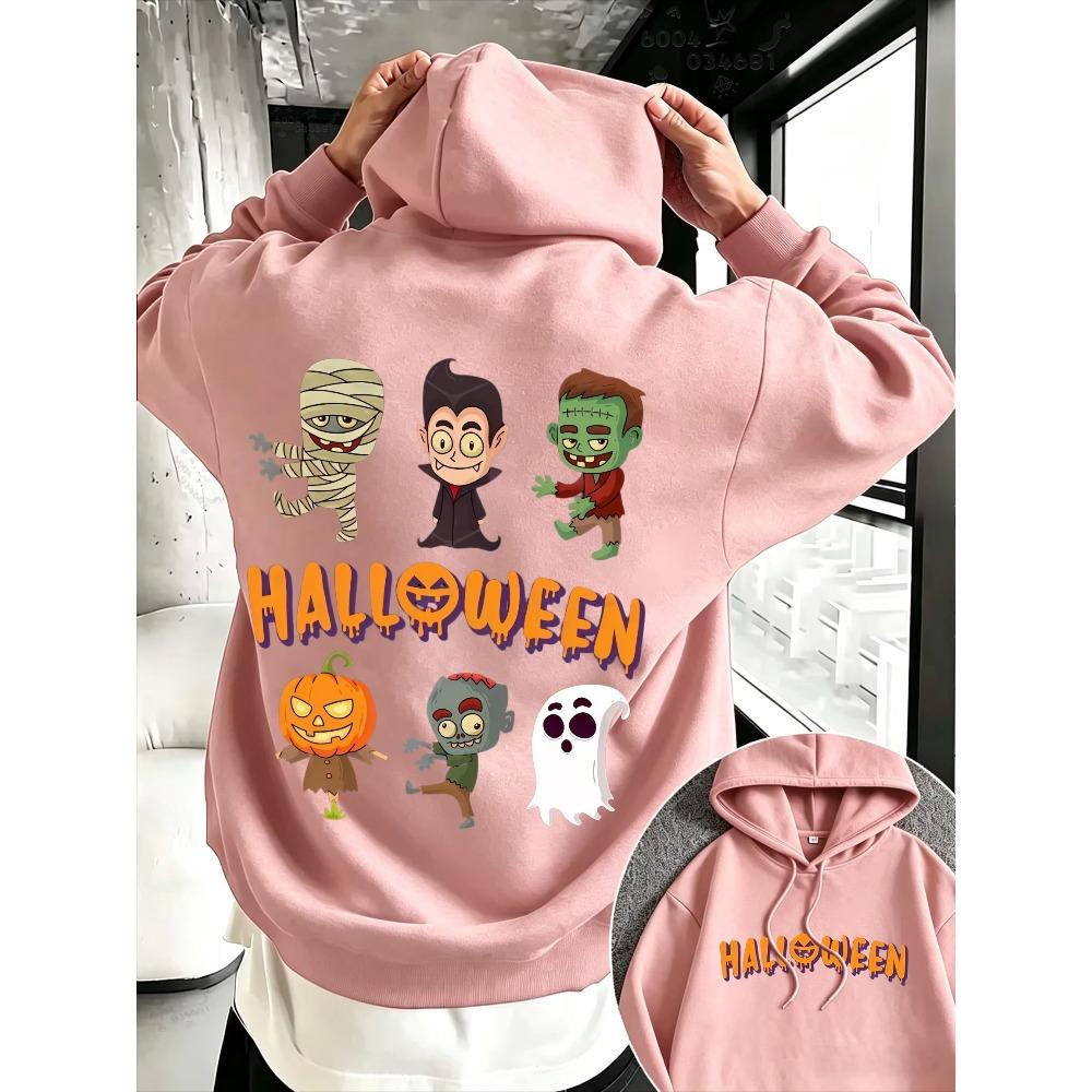 Halloween Women's Street Hoodie with Cartoon Witch, Zombie, Ghost and Pumpkin Double-sided Print, Couple Loose Pullover Sweater