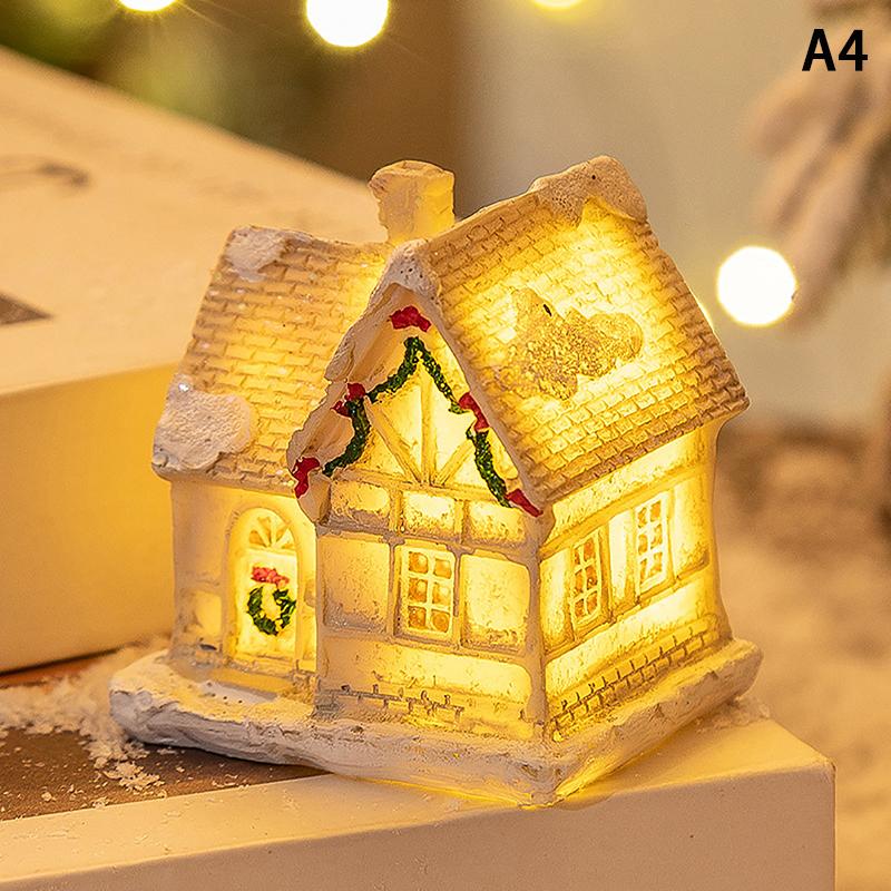 Christmas Decorations Resin Small House Light Up Village House Figurines Cartoon Table Ornament For Holiday Gift Cute Christmas
