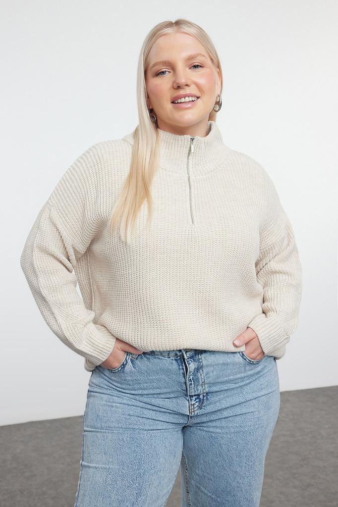 Women's Elegance Style Plus Size Sweater Stone Zipper Collar Knitwear Sweater