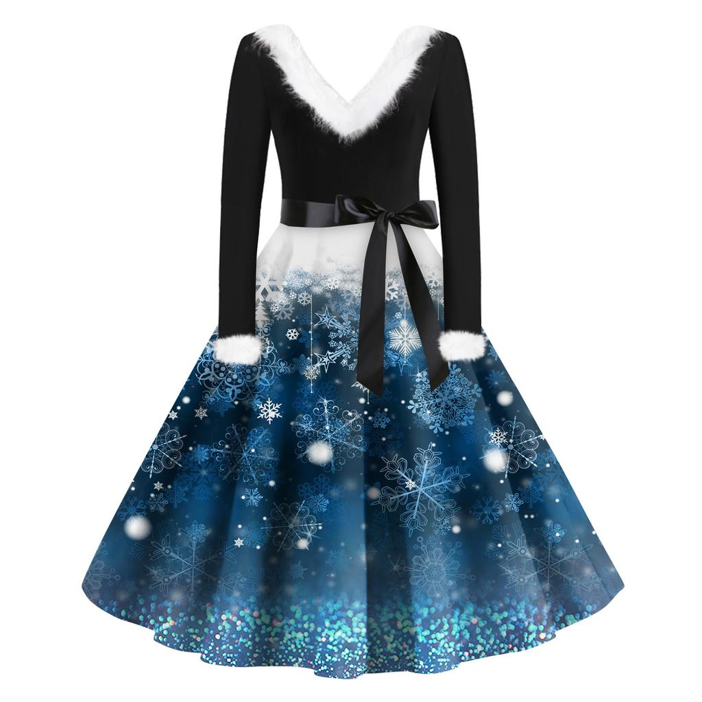 Женская мода с v-образным вырезом, повседневные тонкие рождественские шерстяные платья с длинным рукавом с принтом