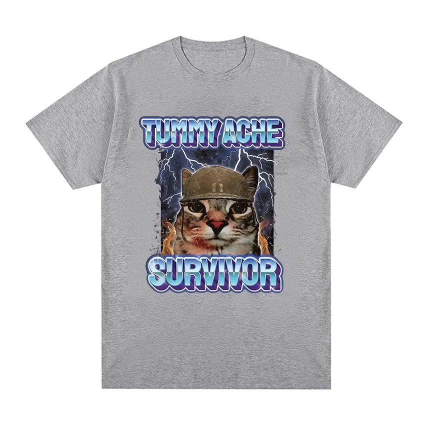 Vintage Tummy Ache Survivor Funny Cat Meme Tee Shirt Unisex Unisex Clothing Fashion Short Sleeve Tshirt Casual Pure Cotton T Shirts