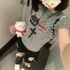 Design Sense Polka Dot Cartoon Cat Print Front Shoulder Short Sleeve T-Shirt Women's Summer New Slim Skinny Good-looking Top