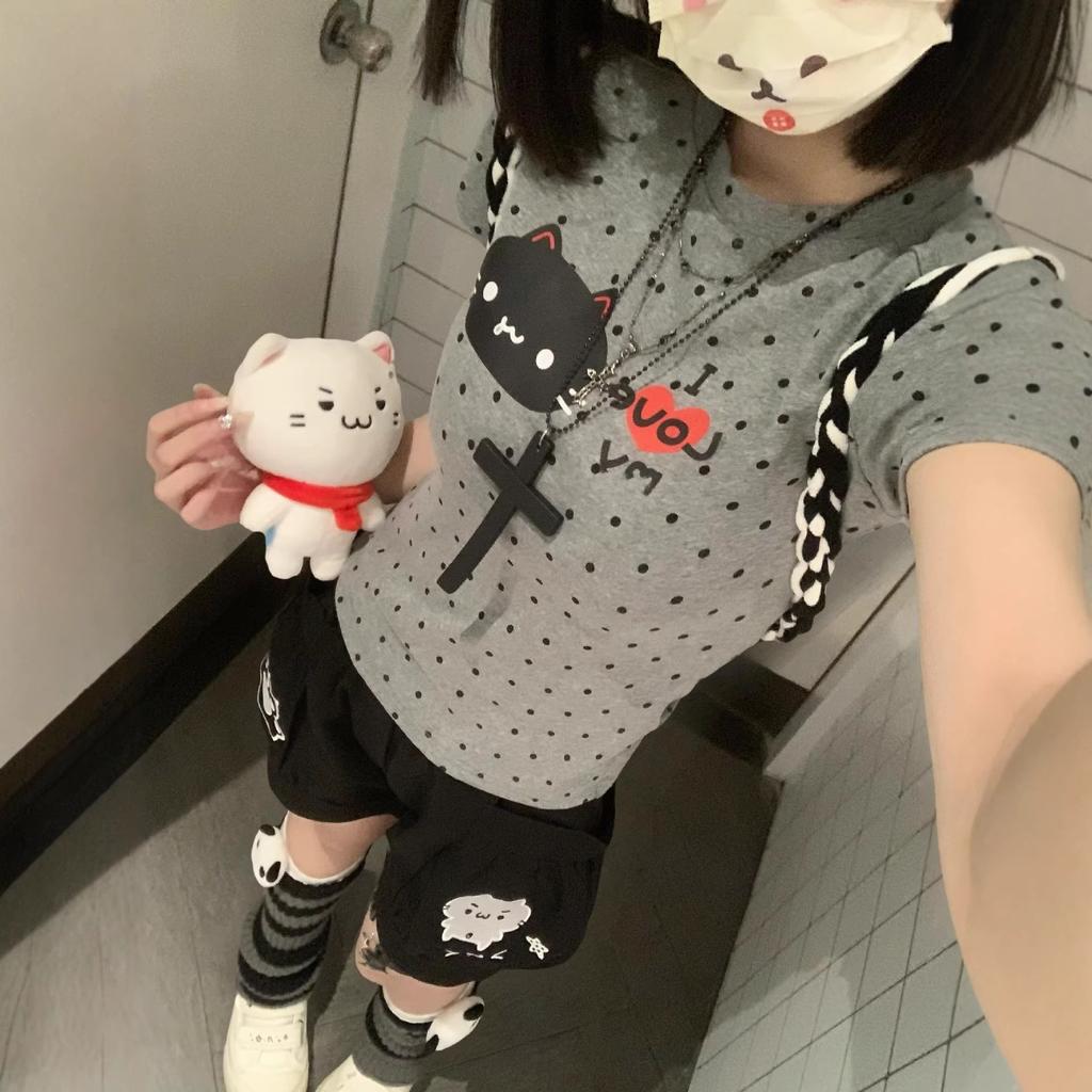 Design Sense Polka Dot Cartoon Cat Print Front Shoulder Short Sleeve T-Shirt Women's Summer New Slim Skinny Good-looking Top
