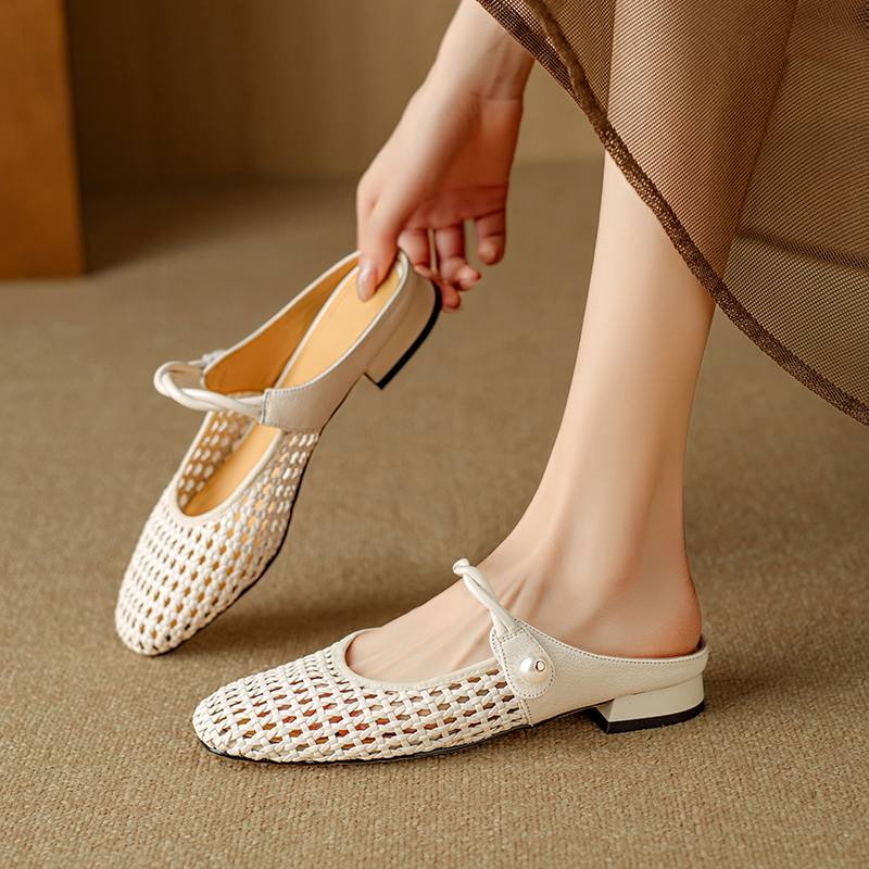 Krazing Pot Микрофибра Мюли Плетение Лето Размер 41 Низкий каблук Жемчужная отделка Вечерняя обувь Женщины Квадратный носок Гладиатор Полые туфли-лодочки