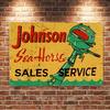Винтажная металлическая настенная табличка с изображением лодочного мотора Johnson Sea Horse  Рустикальный морской декор с иллюстрацией зеленого двигателя на потертом желтом фоне