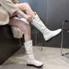 Women's Half High Boots Round Toe White Leather Flat Ladies Mid Calf Shoes Winter 2024 Novelty Sale Comfortable and Elegant Pu