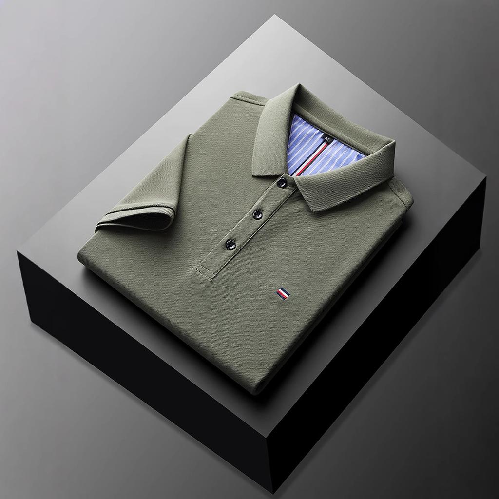 Мужская рубашка поло с коротким рукавом, однотонная, с лацканами, дышащая, деловая, повседневная, синяя футболка