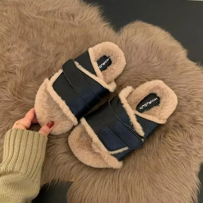 Распродажа модной женской обуви 2024 года, новые женские тапочки с открытым носком, осенние теплые однотонные повседневные удобные тапочки на плоской подошве Zapatos De Mujer