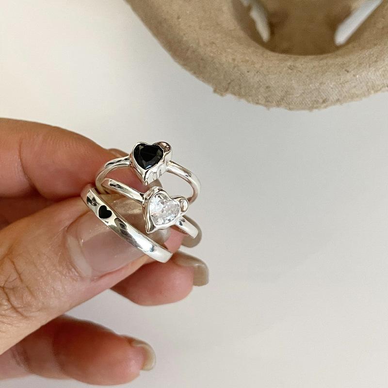 BFCLUB Silver Color Black Heart Ring For Women Fine Jewelry Finger Adjustable Open Vintage Ring For Party Birthday Gift