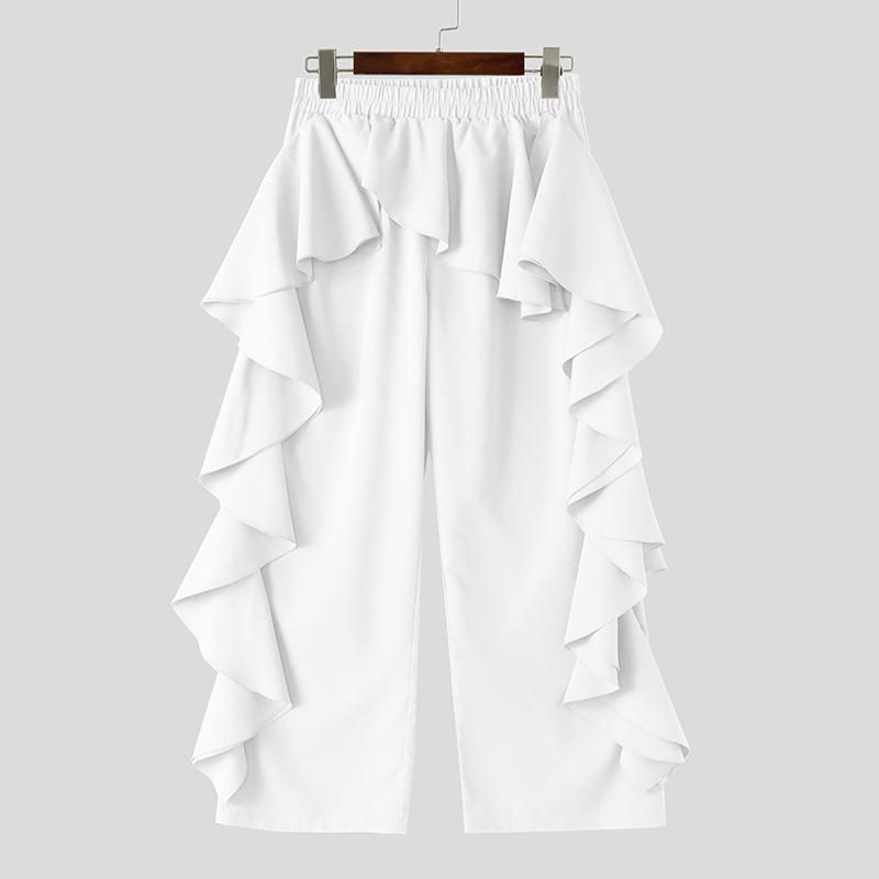 INCERUN Мужские брюки с эластичной талией, однотонные, нерегулярные, длинные брюки с оборками