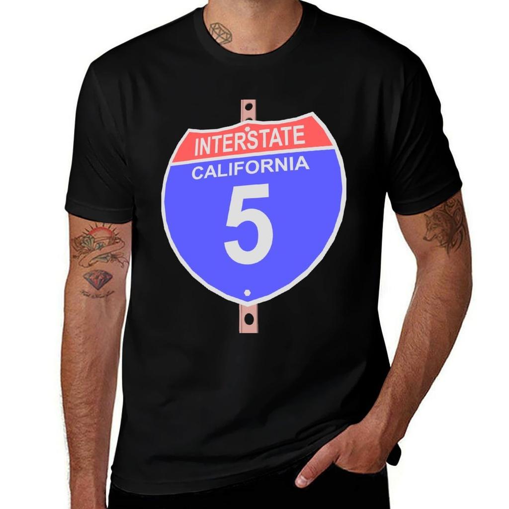 Interstate Highway 5 Road Sign In California Tshirt Basic Crew Neck Short Sleeve Top Tshirt