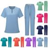 Women's Short Sleeved Solid Color V Neck Pocket Top Pants Work Clothes Two Piece Set