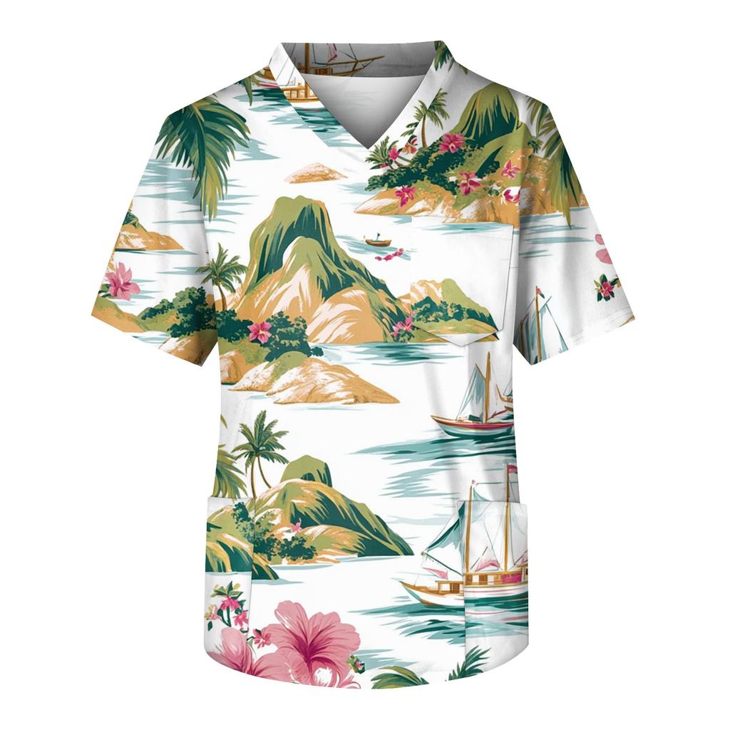 Men's Short Sleeve V-Neck Print Chest Pocket Care Top