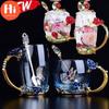 Hi Beauty and Novelty Enamel Coffee Cup Mug Flower Tea Glass Cups for Drinks Tea Cup Spoon Set Perfect Wedding Gift