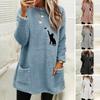 O-Neck Long Sleeves Pockets Mid-Length Winter Sweatshirt Women Loose Fit Embroidery Cat Pattern Fleece Pullover Top