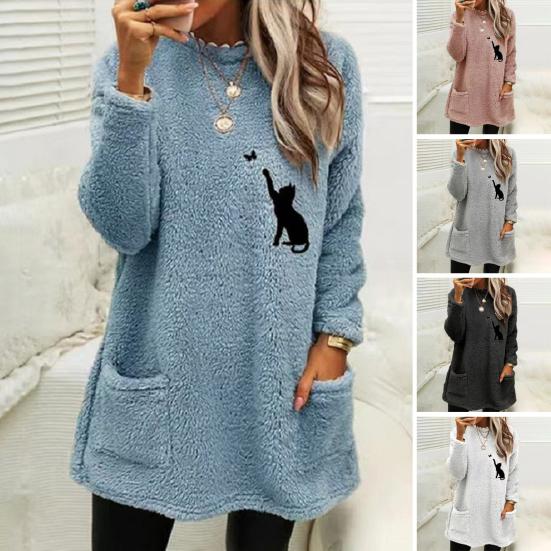 O-Neck Long Sleeves Pockets Mid-Length Winter Sweatshirt Women Loose Fit Embroidery Cat Pattern Fleece Pullover Top