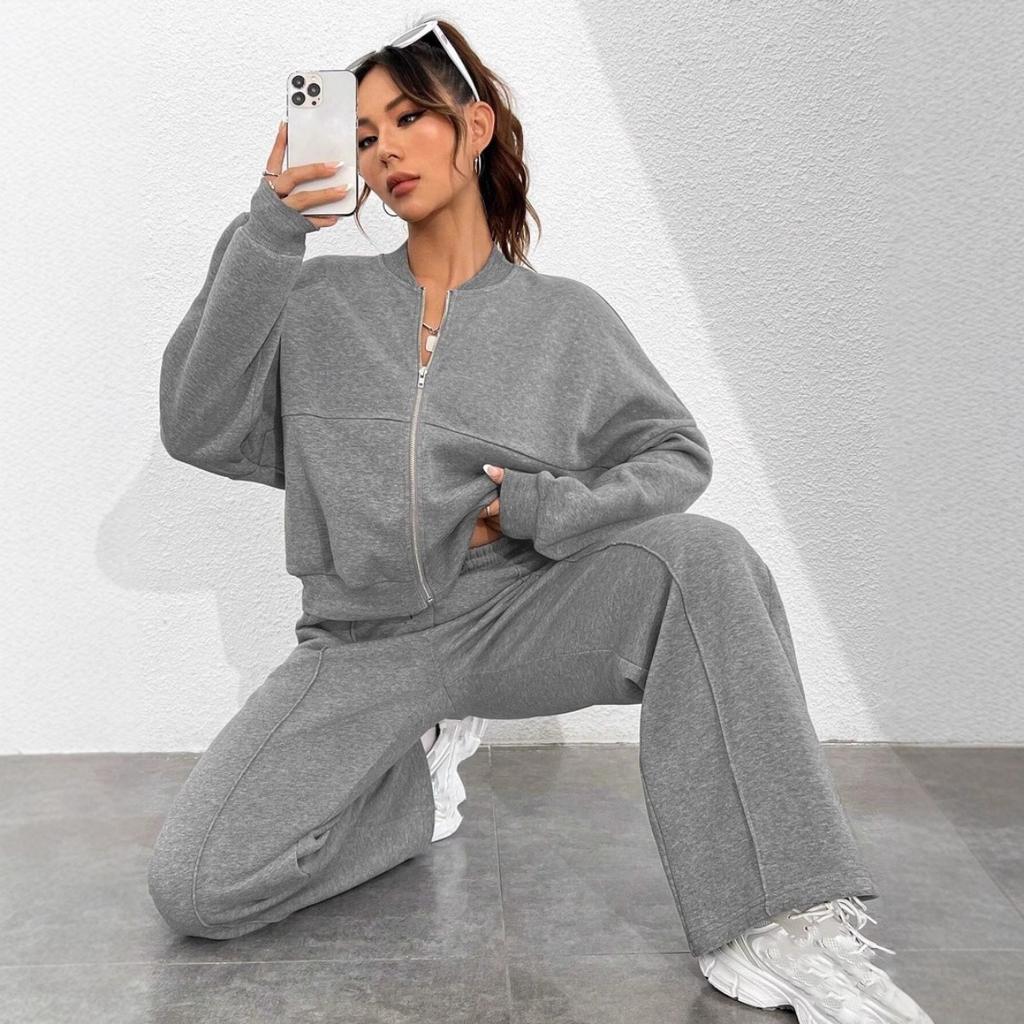 Autumn Solid Color Zipper Casual Sports Long Sleeved Top with Drawstring Casual Pants Two-piece Set