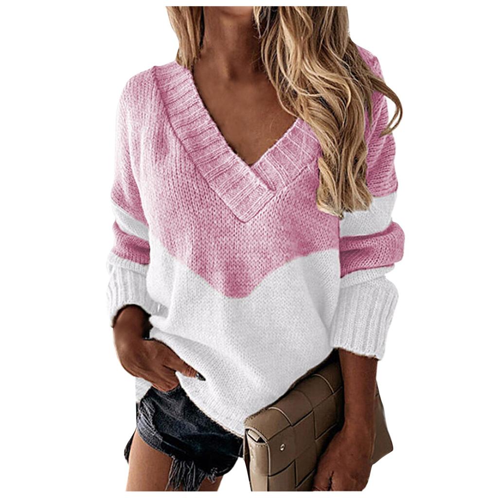 Женский модный пуловер с v-образным вырезом, свободный повседневный свитер, полосатый вязаный свитер