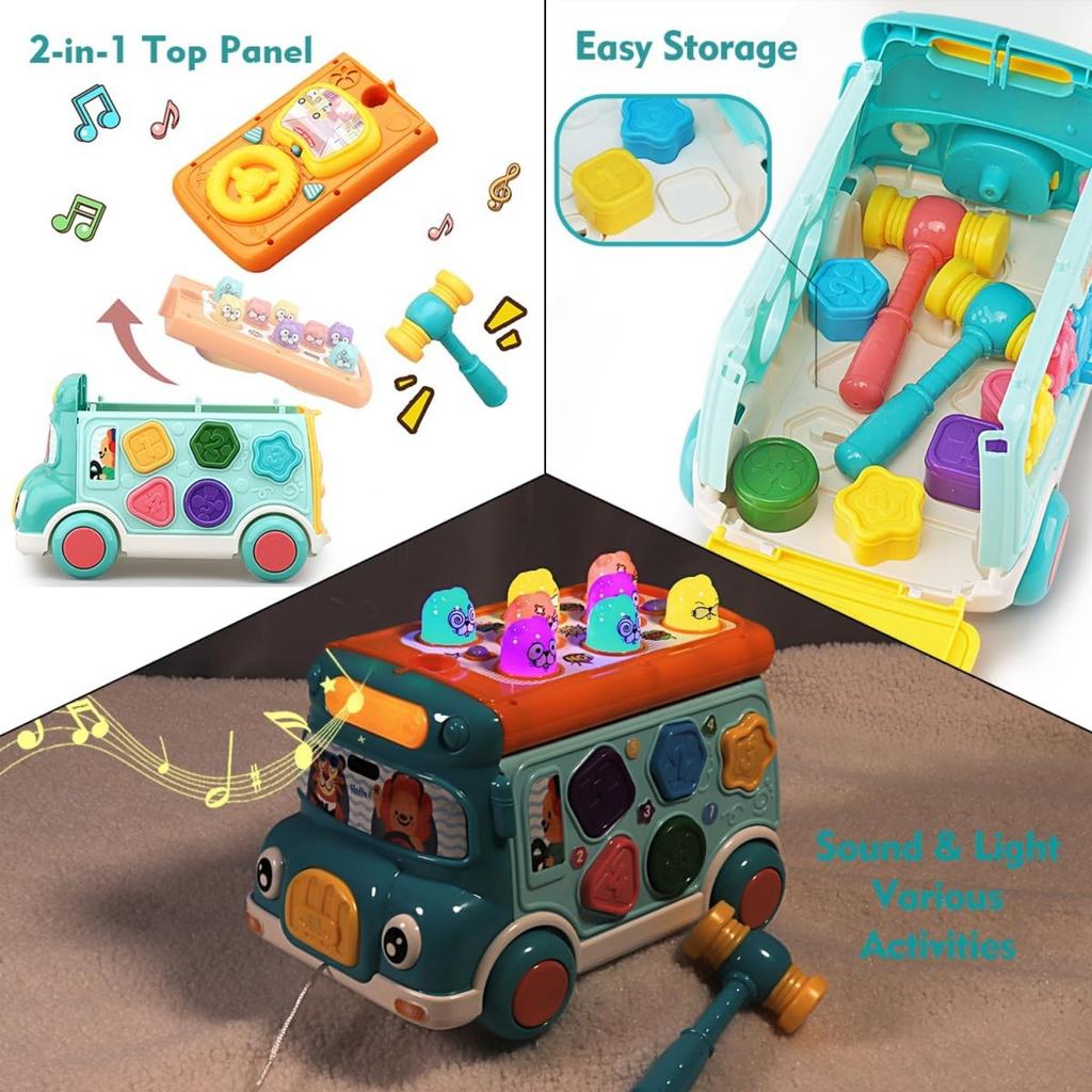 Music Activity Bus Baby Toy with Sound & Light Shape Sorter Whack-a-Mole Toys Interactive Game Cartoon School Bus for Kids