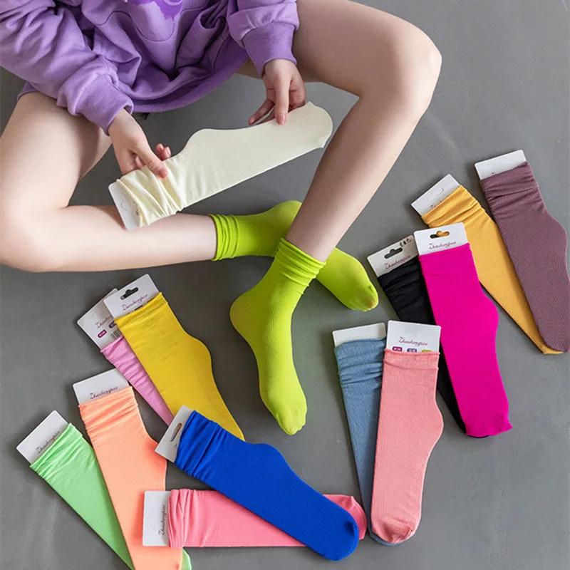 One Pairs Japanese Korean Women Ice Thin Loose Calf Tube Socks Summer Nylon Socks Fashion College Style Solid Color Socks