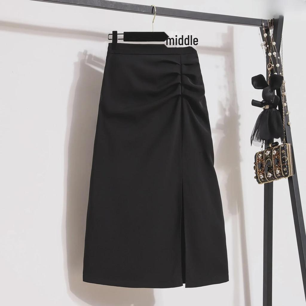 Женская высококачественная черная юбка с разрезом — средняя длина, высокая талия, облегающий крой на весну и осень 2024 г.