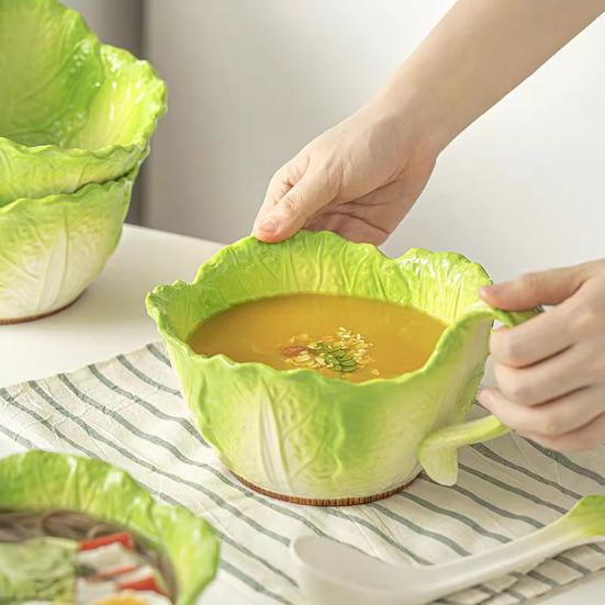 Ceramic Noodle Bowl Creative Cabbage Shape Serving Bowl Cartoon Vegetable Tableware for Noodles Soup Salads