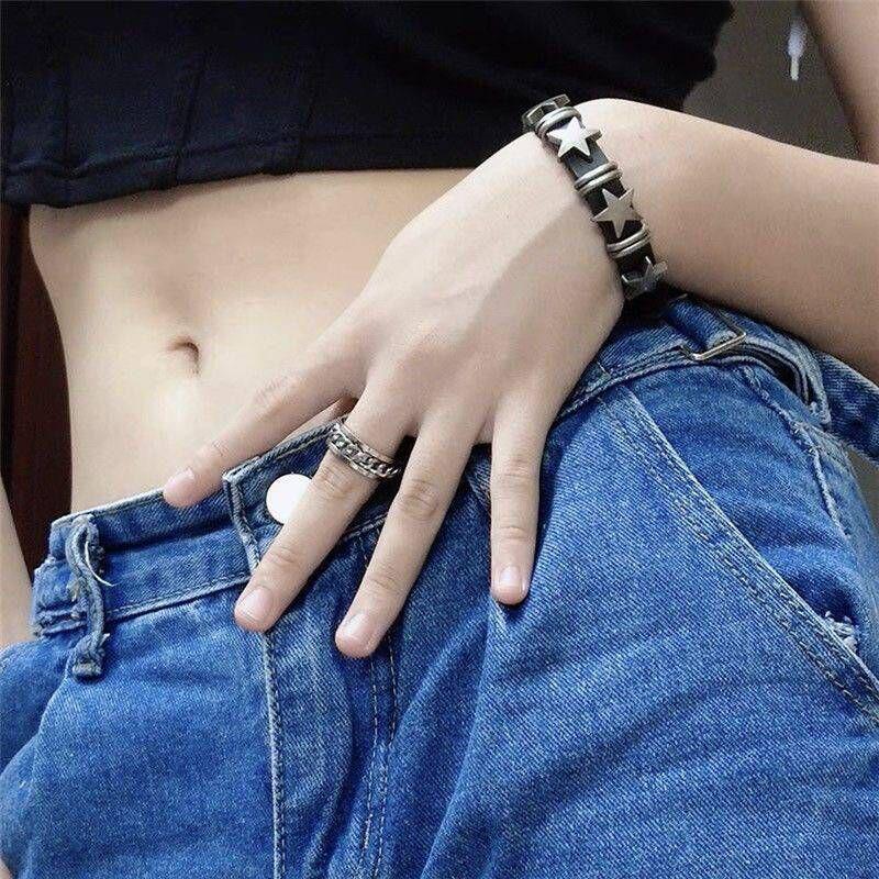 Dark Punk Y2K Pentagram Leather Bracelet - Women's Layered Hip Hop Style