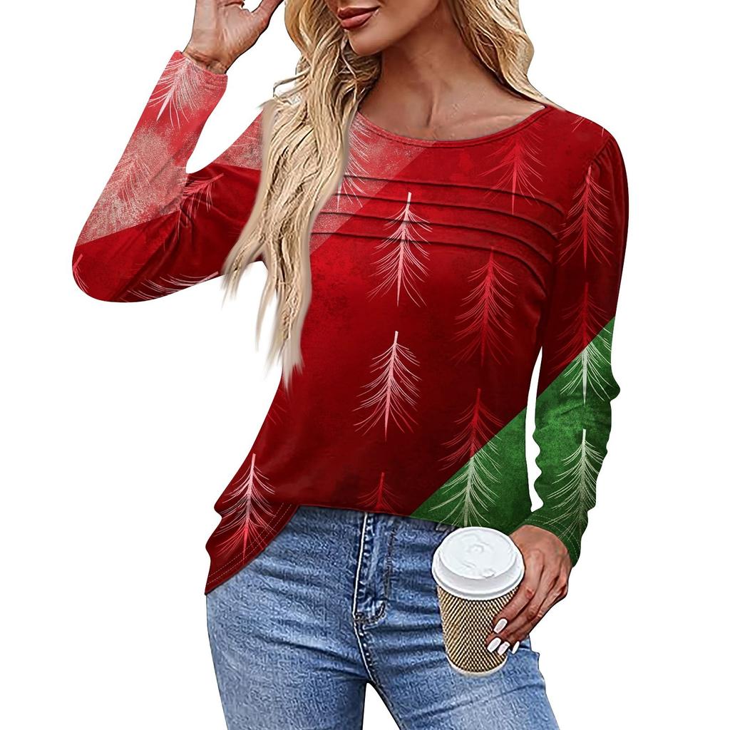 Ladies' Casual Fashion Printed Round Neck Long Pleated T-shirt Top Christmas