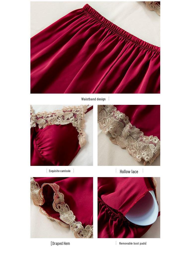 Women's Silk Five-Piece Pajama Set: Spring/Autumn Nightdress & Robe with Chest Pad