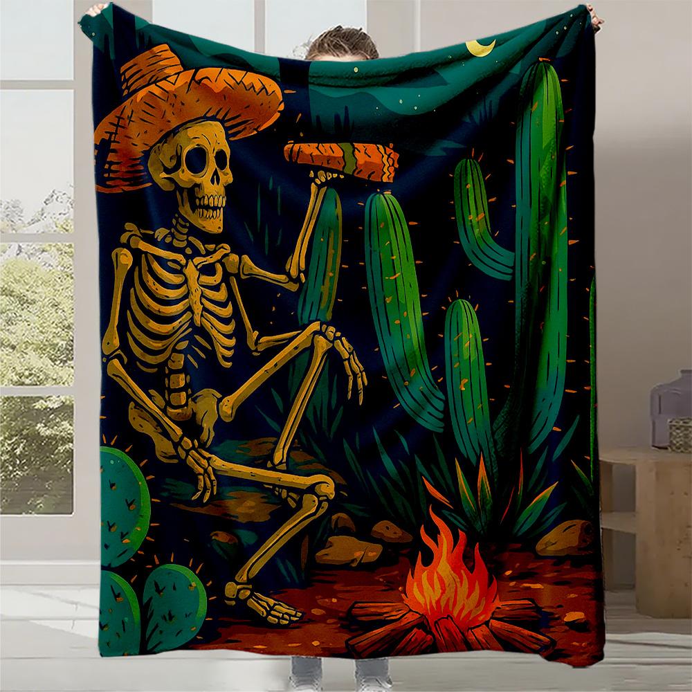 1pc Mexican Day of the Dead Blanket - Gothic Skeleton Cactus Design In Teal, Orange, - Heavyweight Flannel Throw for Halloween