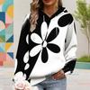 Women Plus Size Black White Floral Printed Long Sleeve Drawstring Hood Kangaroo Pocket Pullover Hoodie