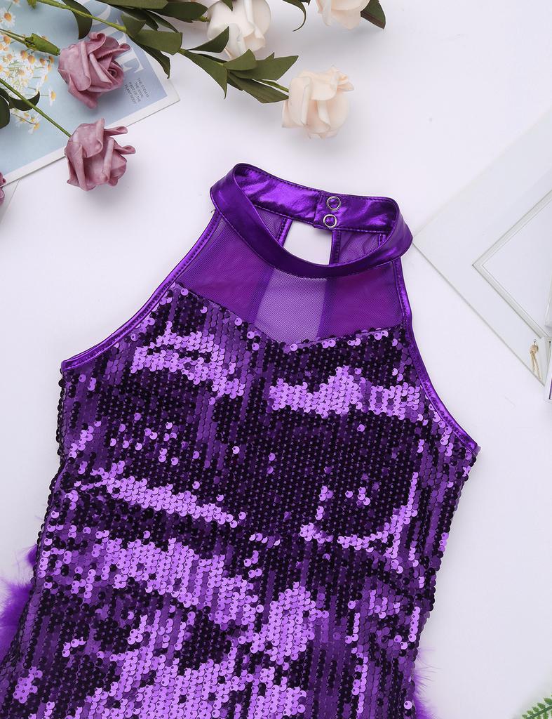 Girls Sequins Jazz Latin Ballet Dance Costume Kids Sleeveless Mock Neck Leotard Jumpsuit Dancewear
