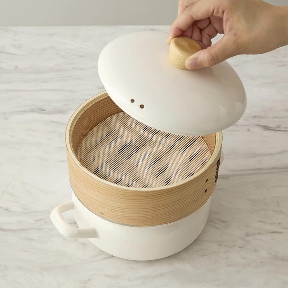 Fuji Enamel Pot, 18cm, with Steamer, Greige, AMZ-SER18.GG